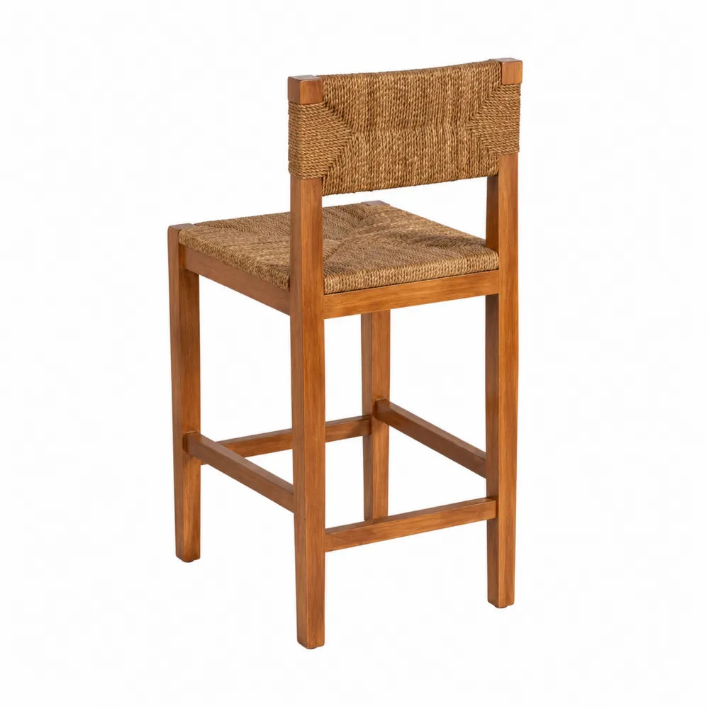 Sgabello da bar in legno di teak con seduta e schienale in juta