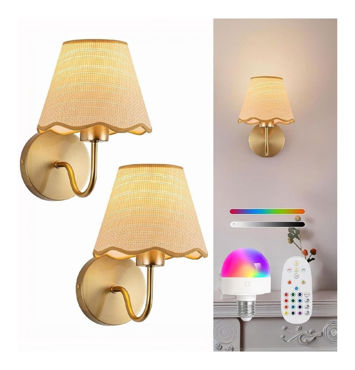 Lampada da parete applique parete batteria, rattan dorato, bianco