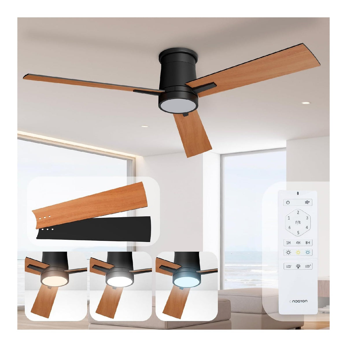 Ventilatore da soffitto con luce Noaton Rhea nero/legno scuro nero
