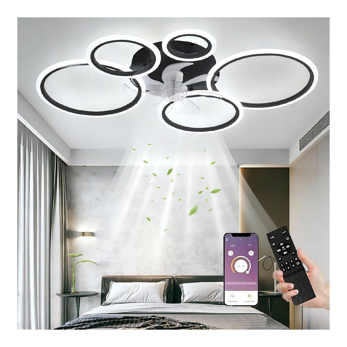 Ventilatore da soffitto con luce regolabile con telecomando nero in alluminio