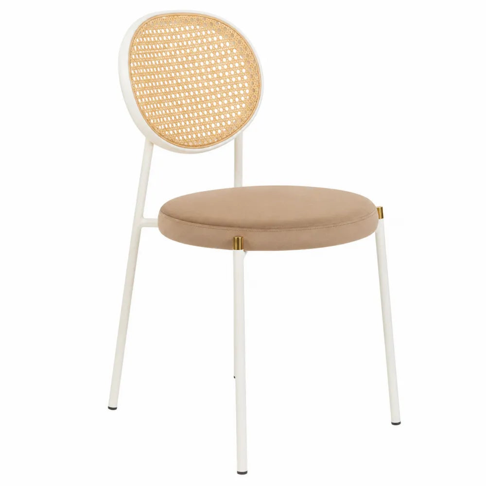 Sedia in Metallo Bianco e Rattan con Seduta in Tessuto