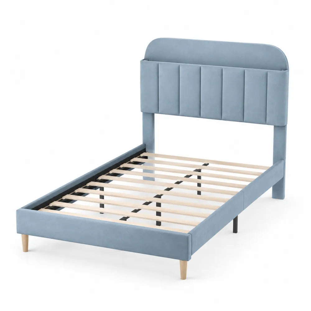Letto Singolo in Velluto Blu con Struttura in Legno di