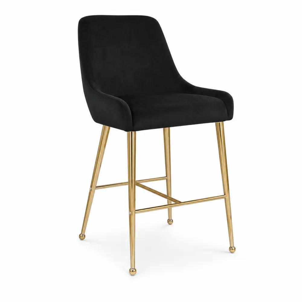 Sgabello in Velluto Nero con Gambe in Metallo