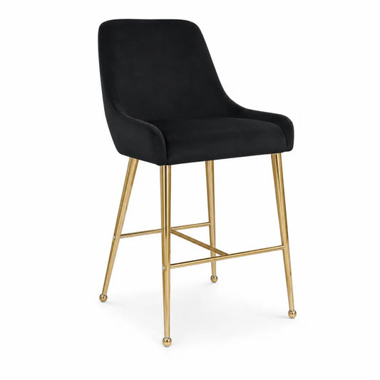 Sgabello in Velluto Nero con Gambe in Metallo