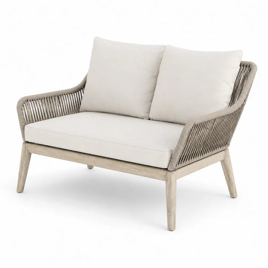 Divano da esterno in teak e corda con cuscini beige, 125