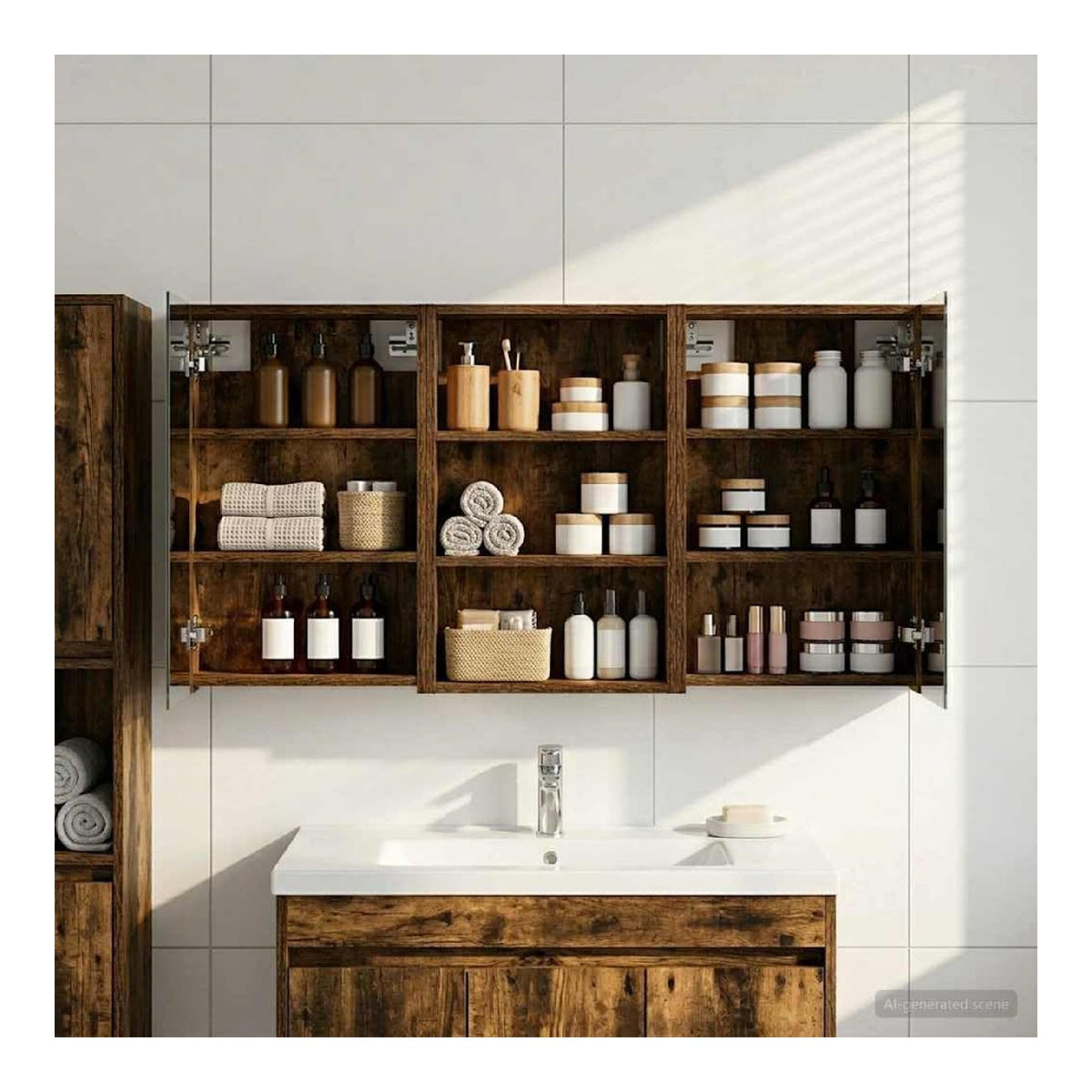 armadietti bagno parete legno specchio LED integrato nero
