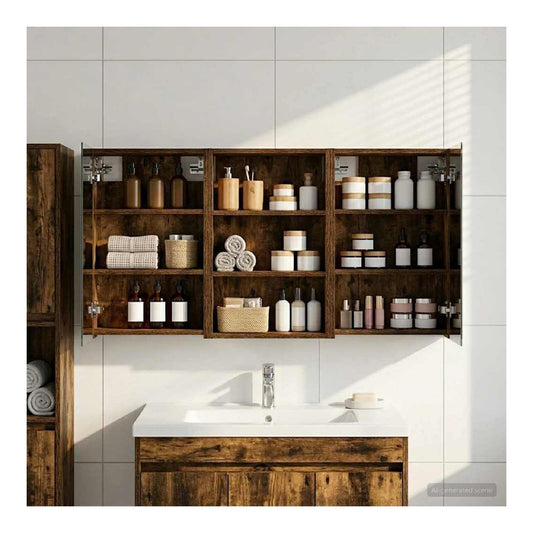 armadietti bagno parete legno specchio LED integrato nero