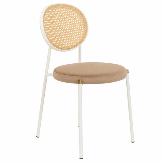 Sedia in Metallo Bianco e Rattan con Seduta in Tessuto