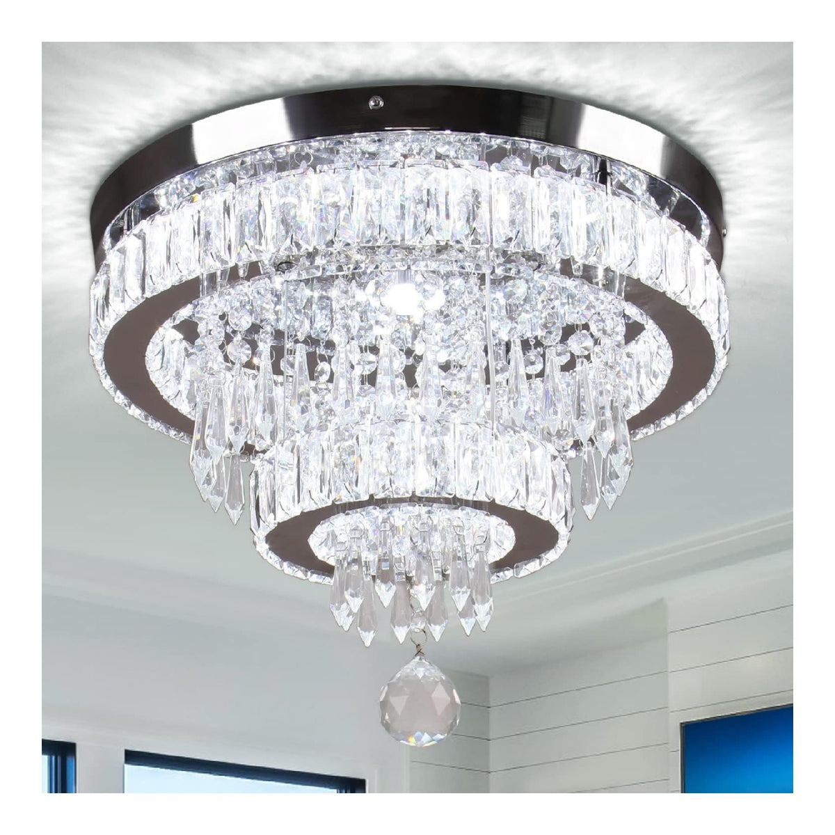 Lampadario a soffitto con cristalli struttura ad anello bianco