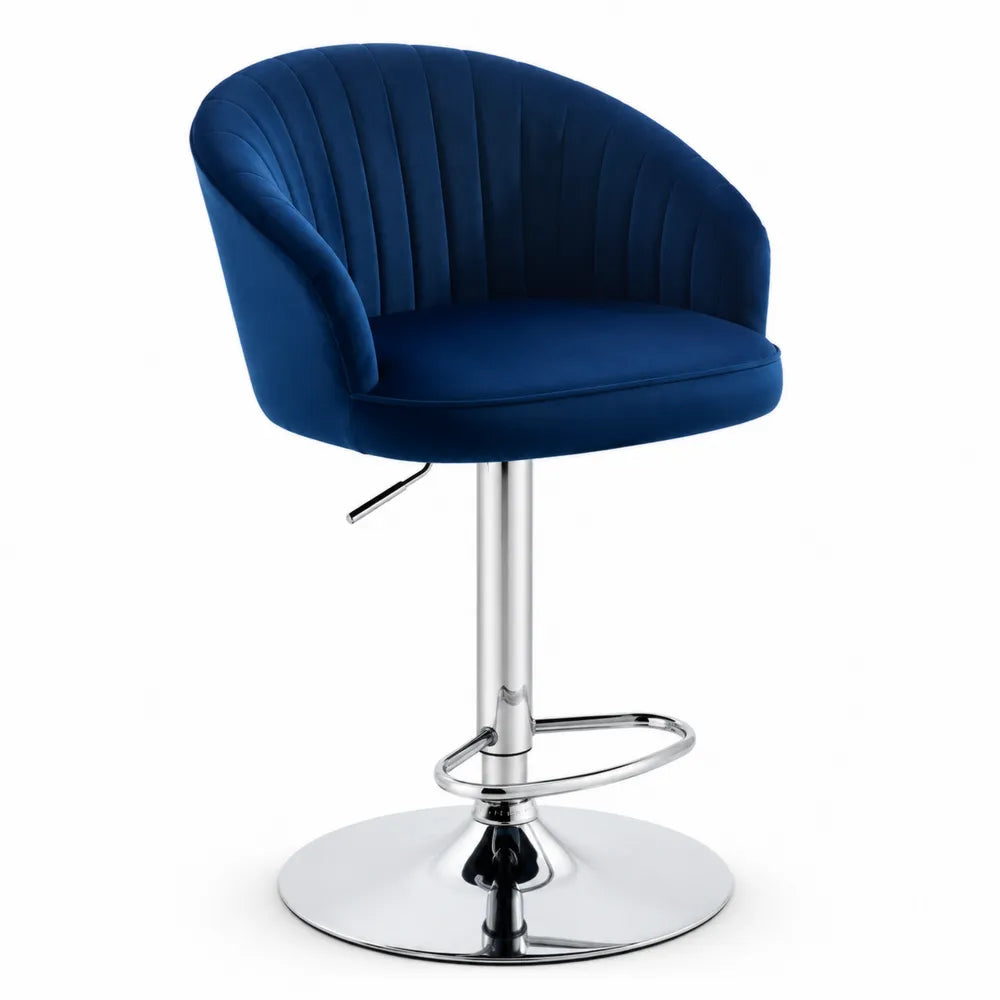 Sgabello in Velluto Blu con Base in Metallo